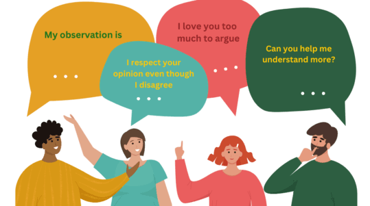 Four people in conversation with speech bubbles showing ISM phrases such as 'I respect your opinion even though I disagree' and 'Can you help me understand more?'